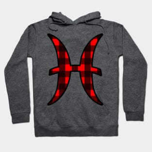 Pisces Zodiac Horoscope Symbol in Black and Red Buffalo Plaid Hoodie